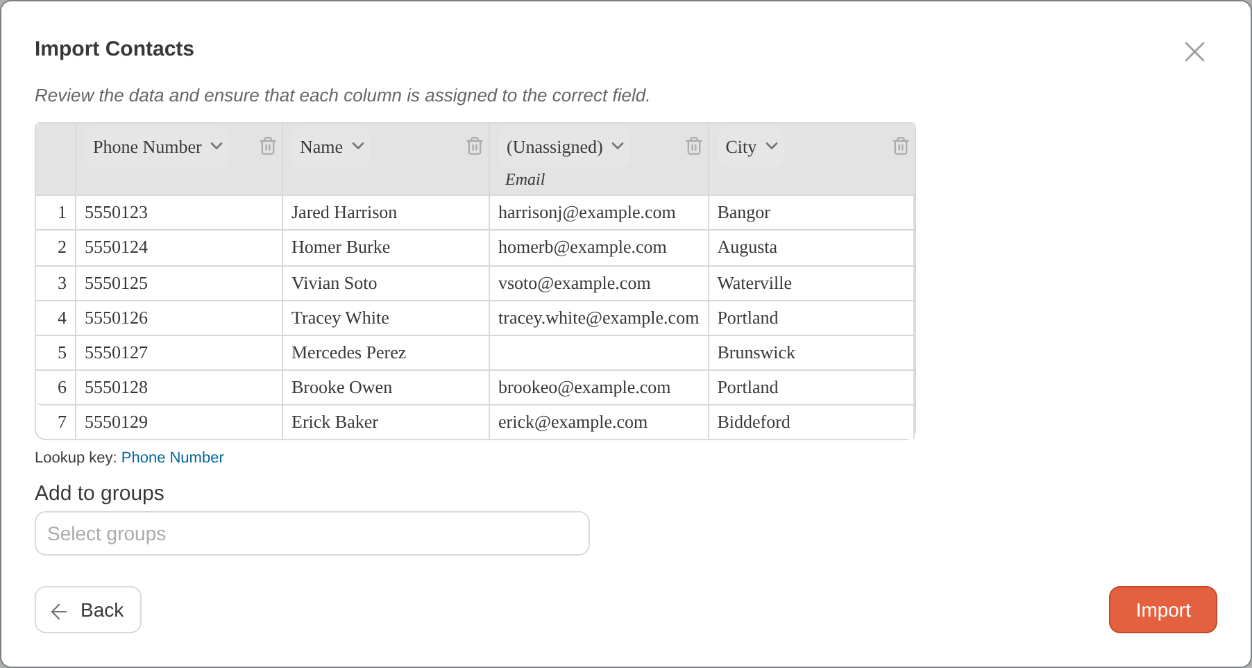 Import contacts column assignment