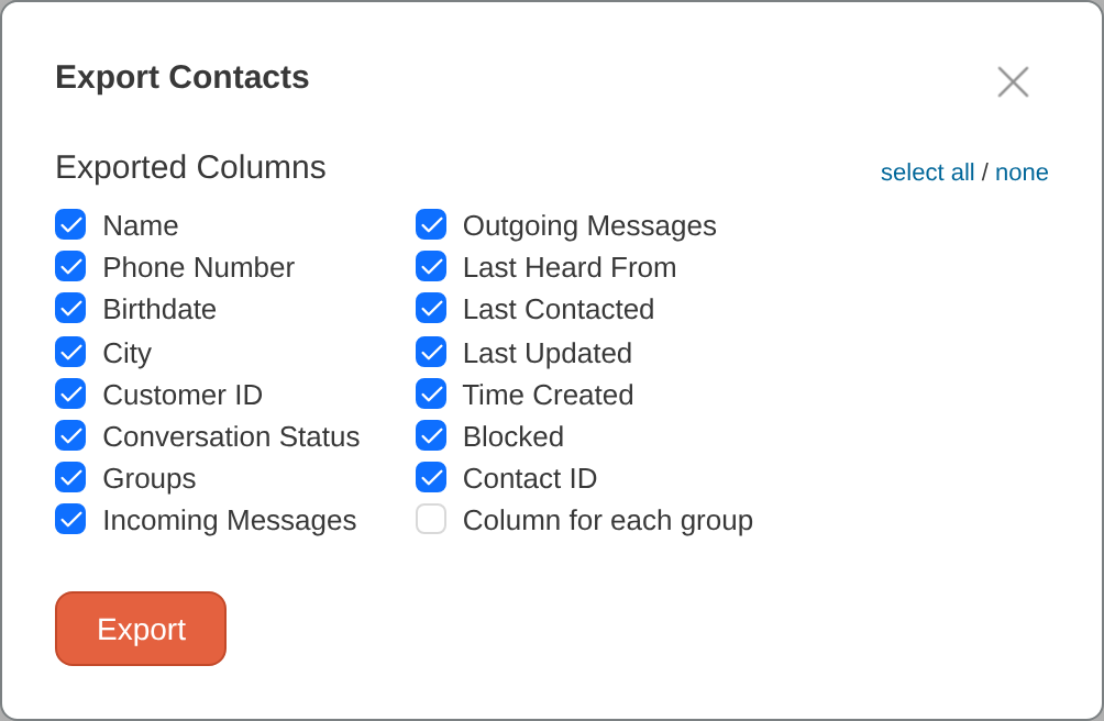 Export Contacts dialog