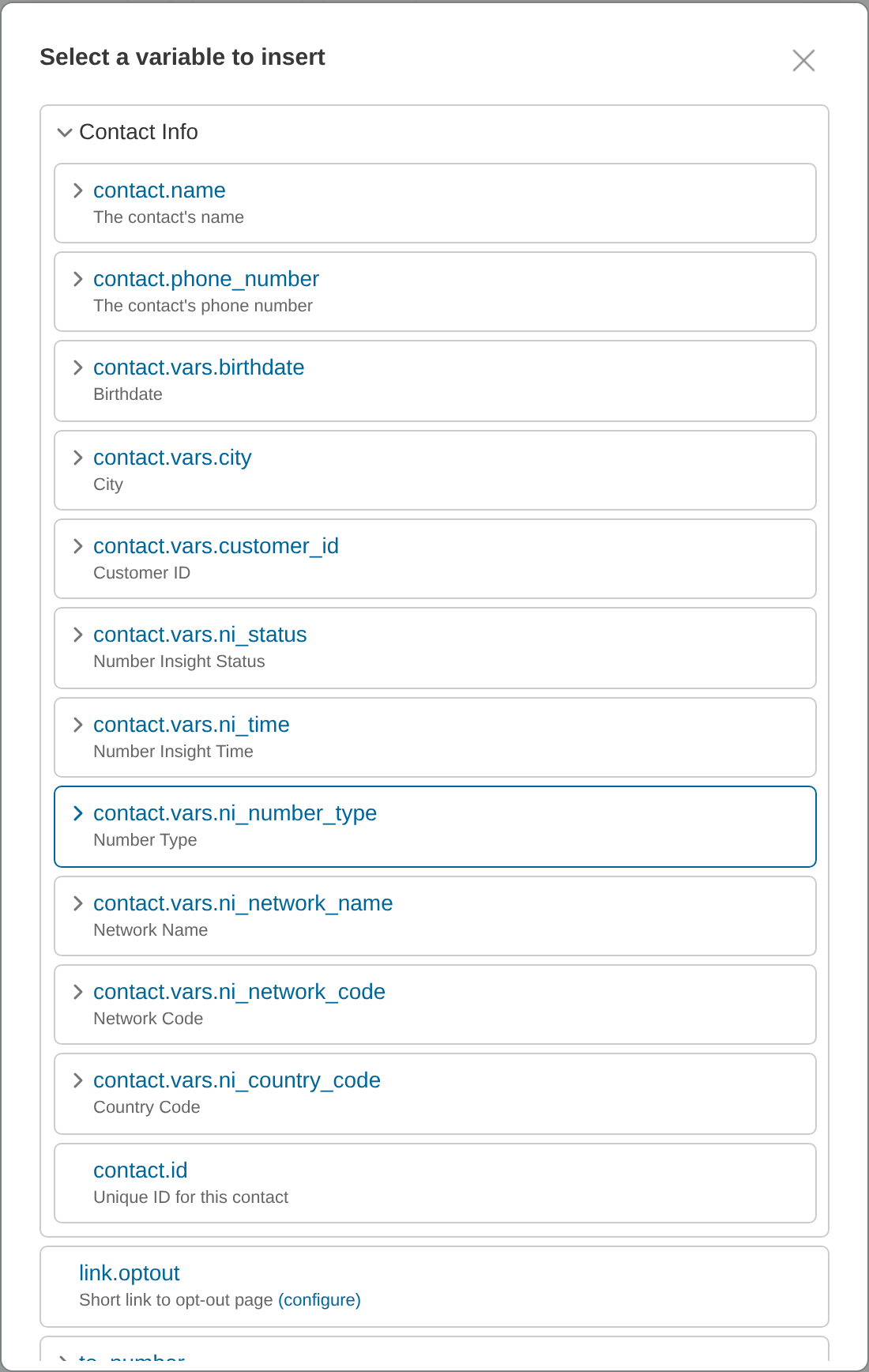 Insert variable dialog