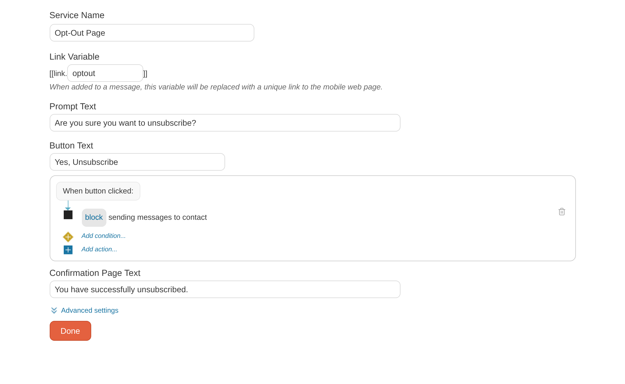 Opt-Out Page service editor