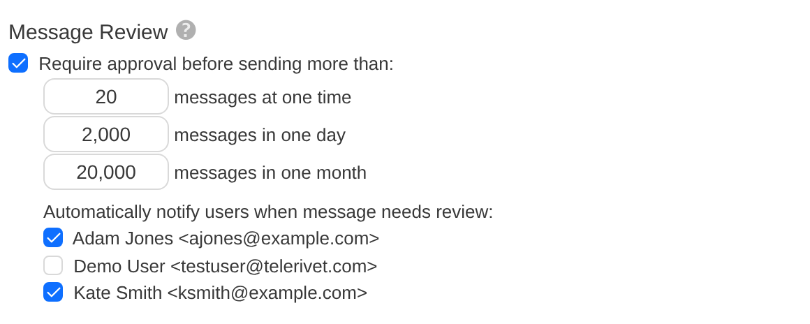 Message Review section of Messaging Settings