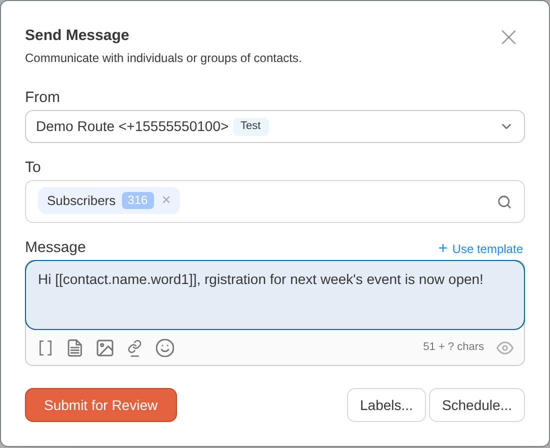 Send Message dialog with Submit for Review button