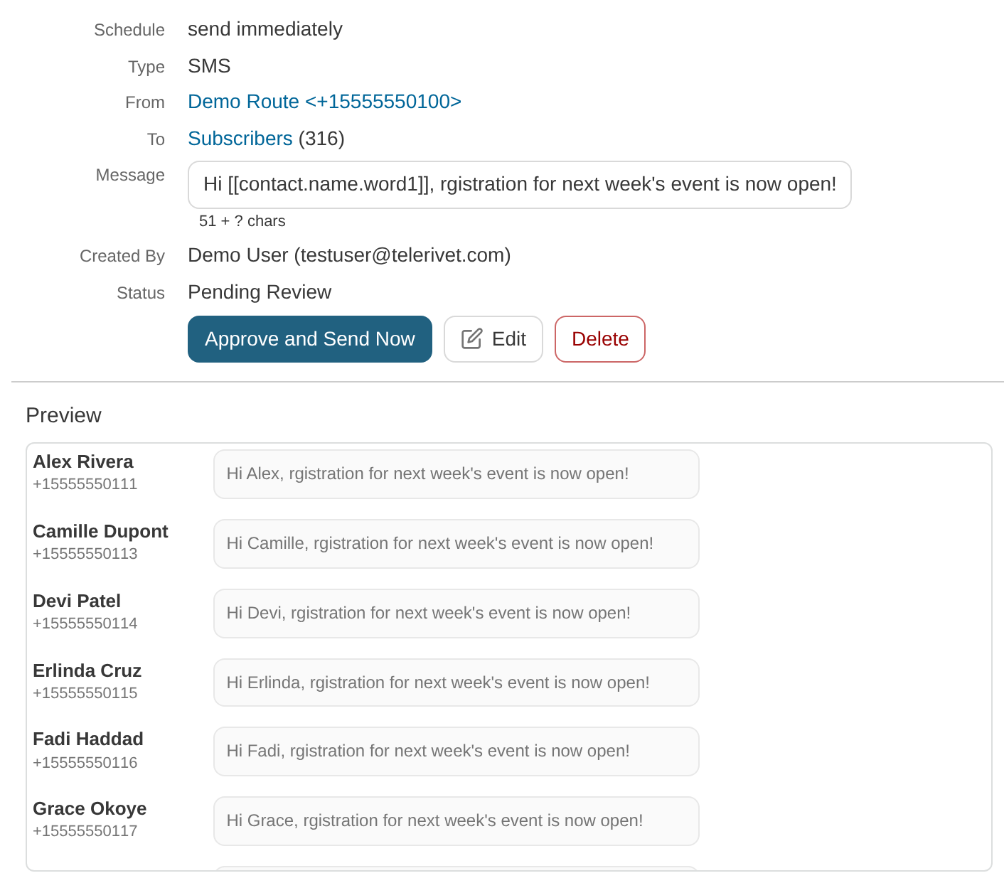 Pending review message with per-contact preview