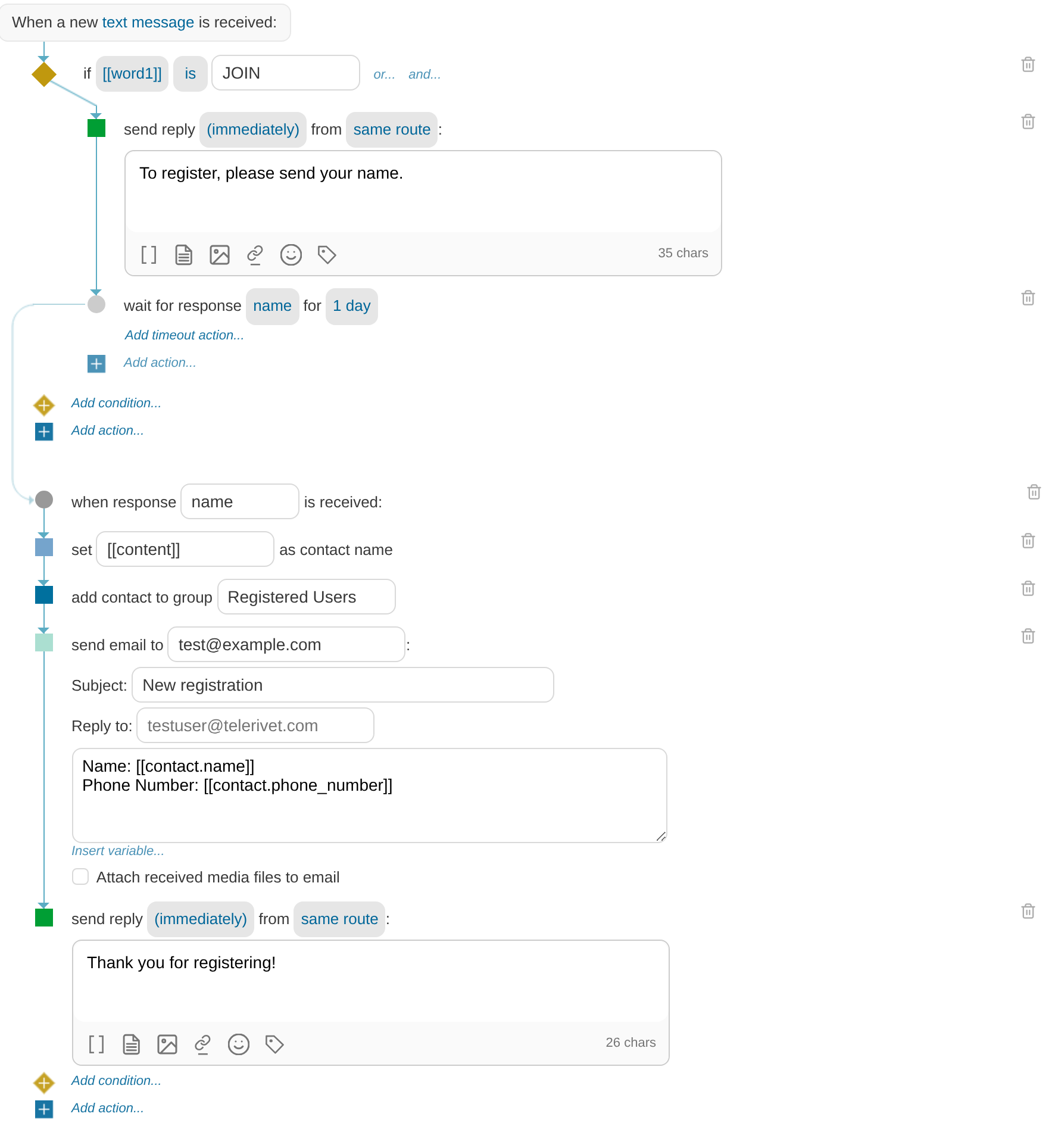 Registration flow in the custom actions editor