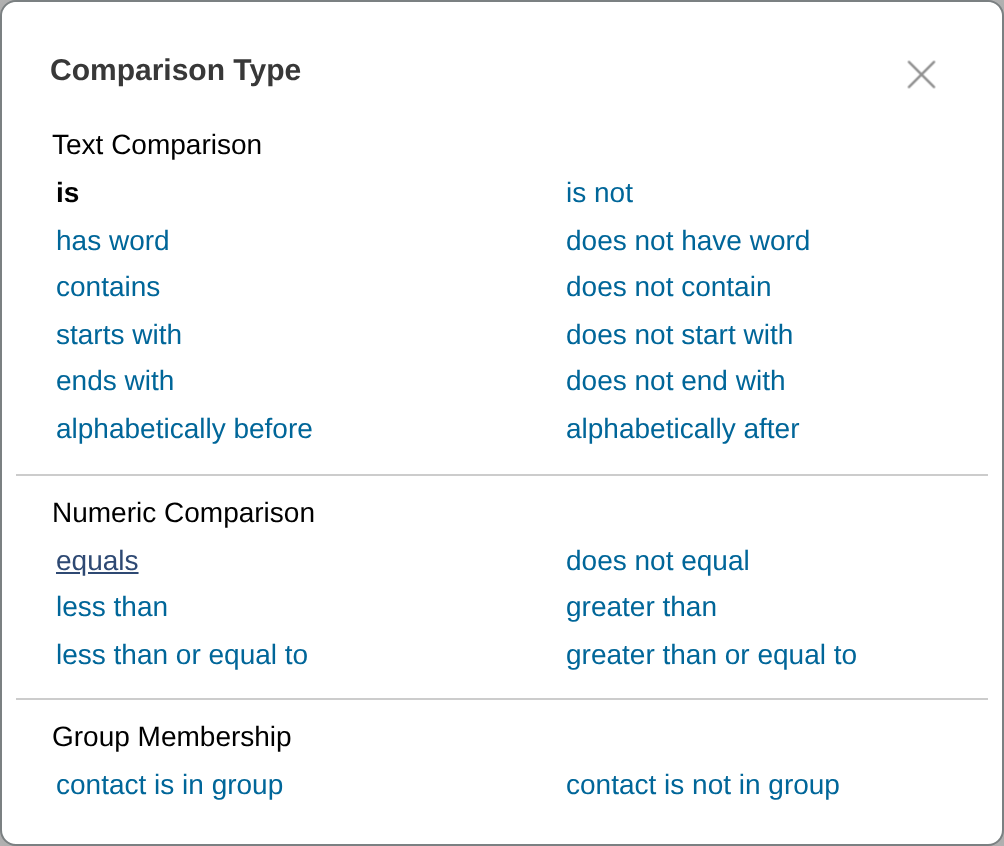 Comparison Type dialog