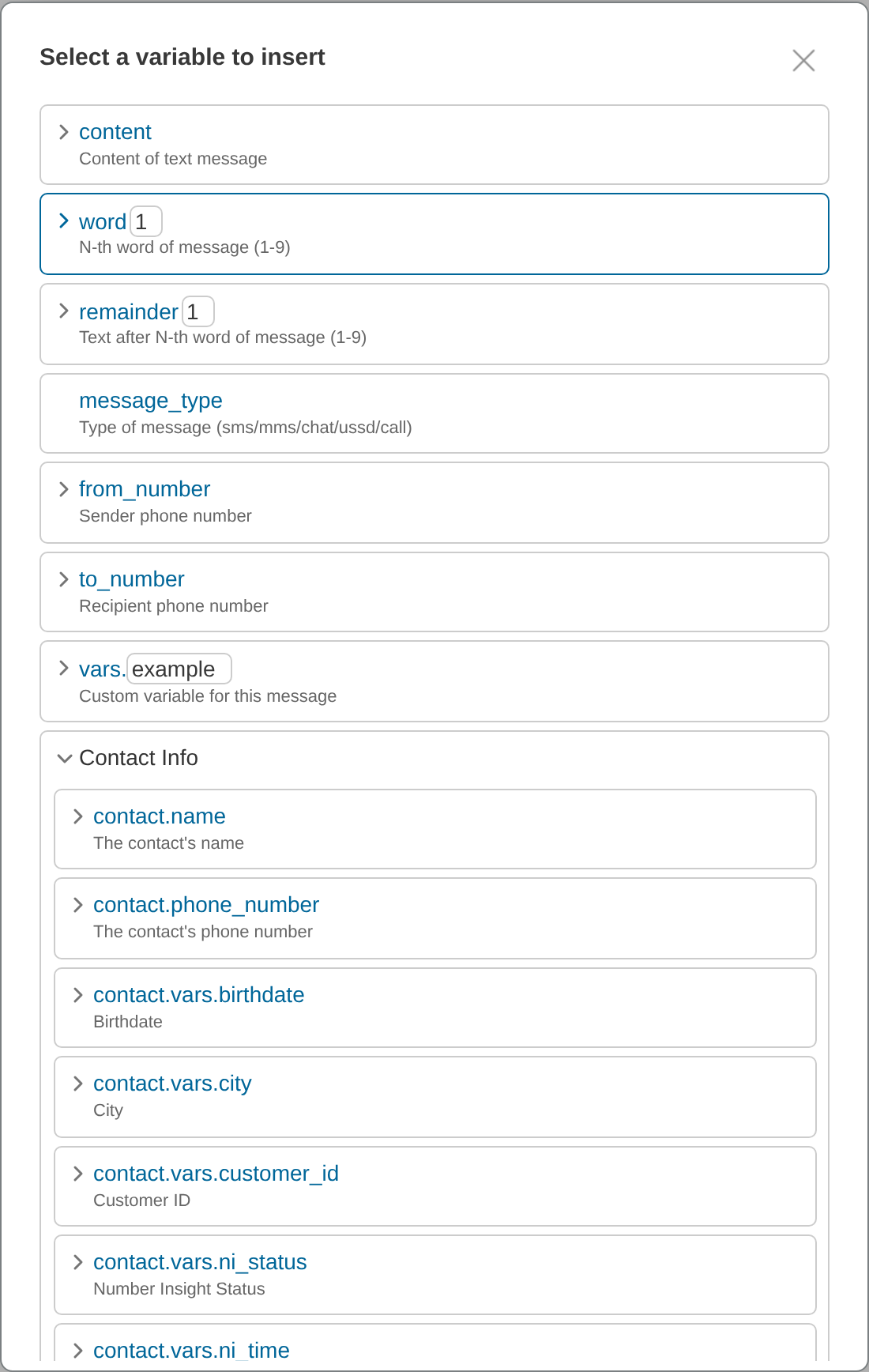 Contact variables in the Insert Variable dialog