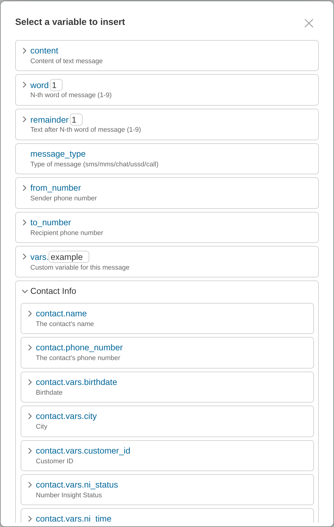 Insert Variable dialog