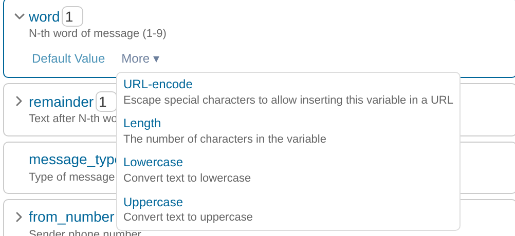 Word variable property menu