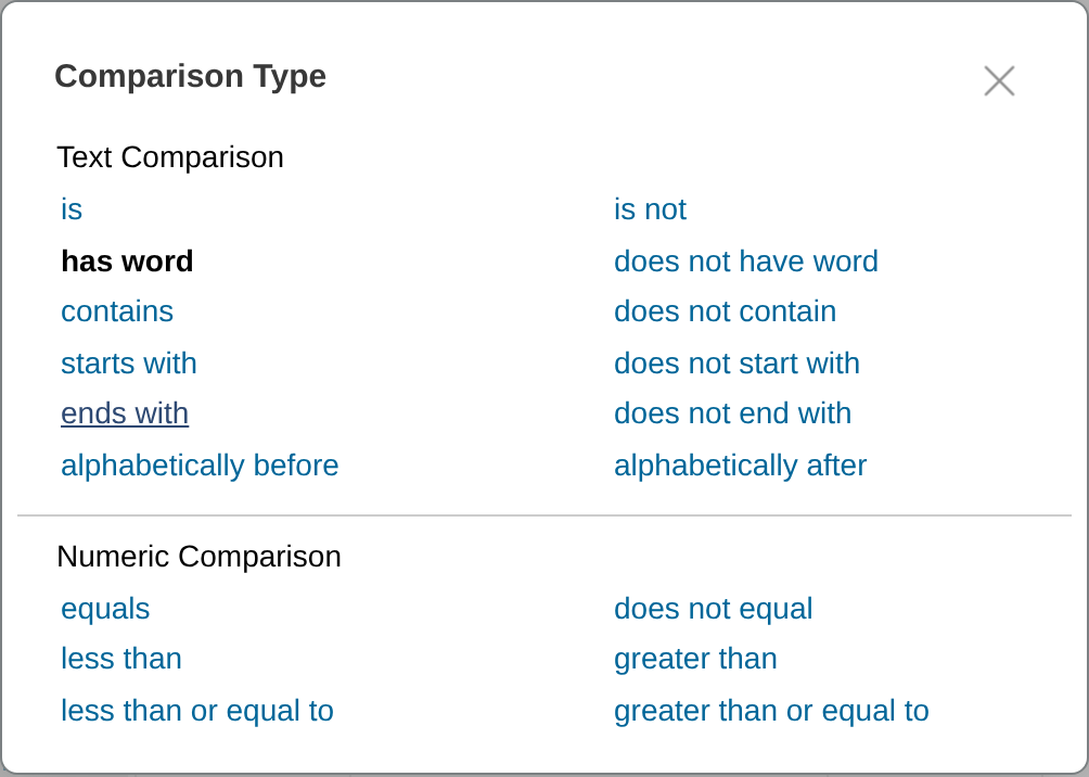 Comparison Type dialog