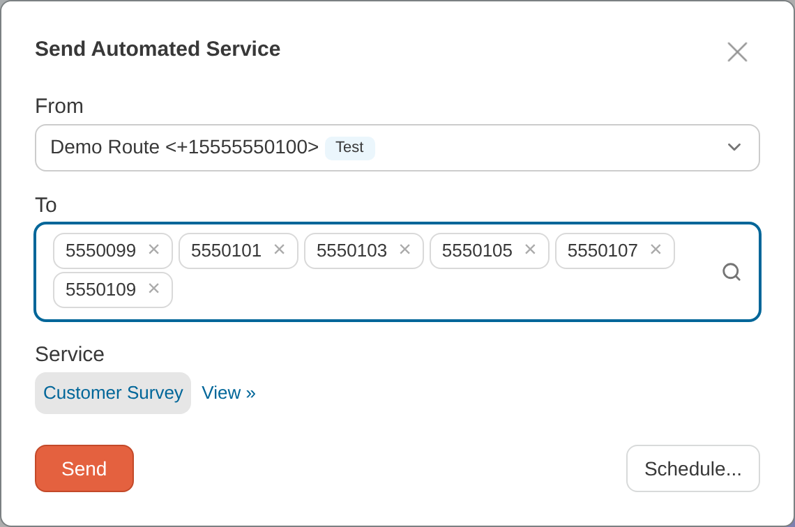 Send Automated Service dialog with numbers