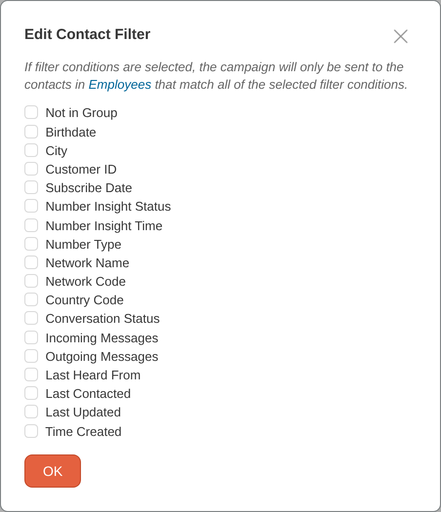 Filter contacts dialog