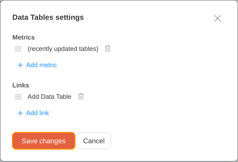Data Tables card settings