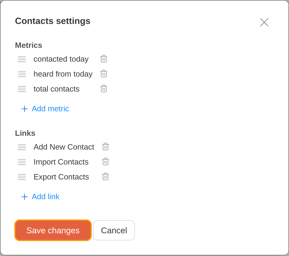 Contacts card settings