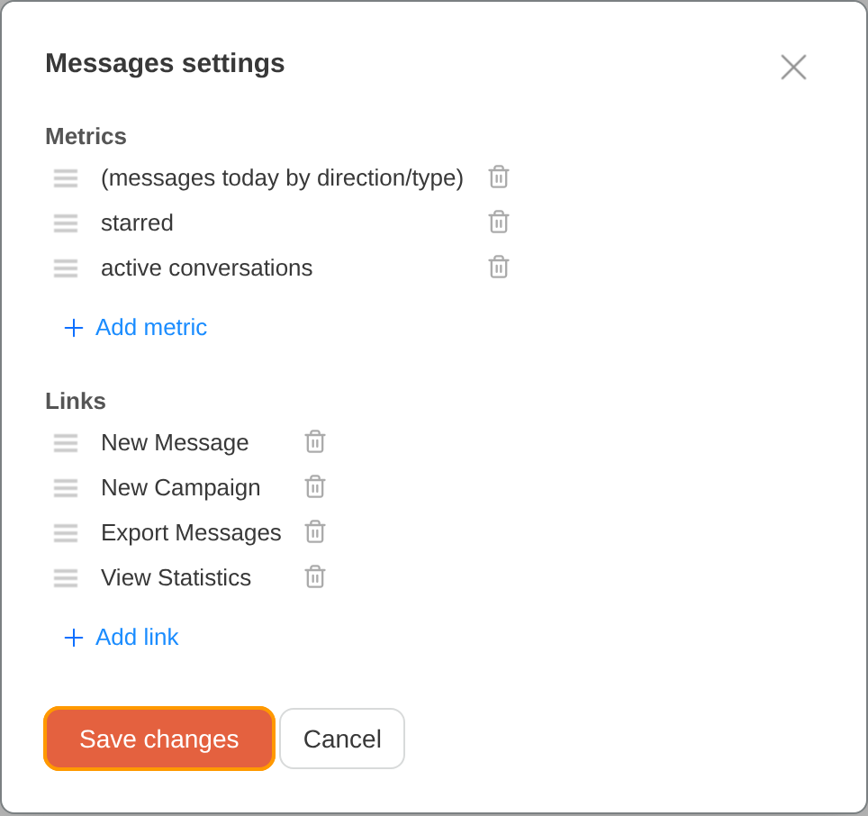 Messages card settings