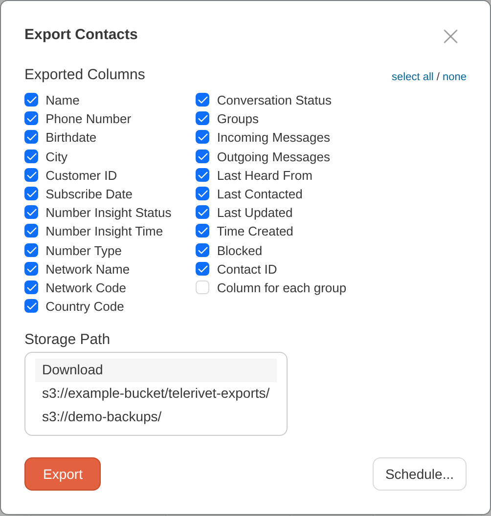 Export dialog with storage path options