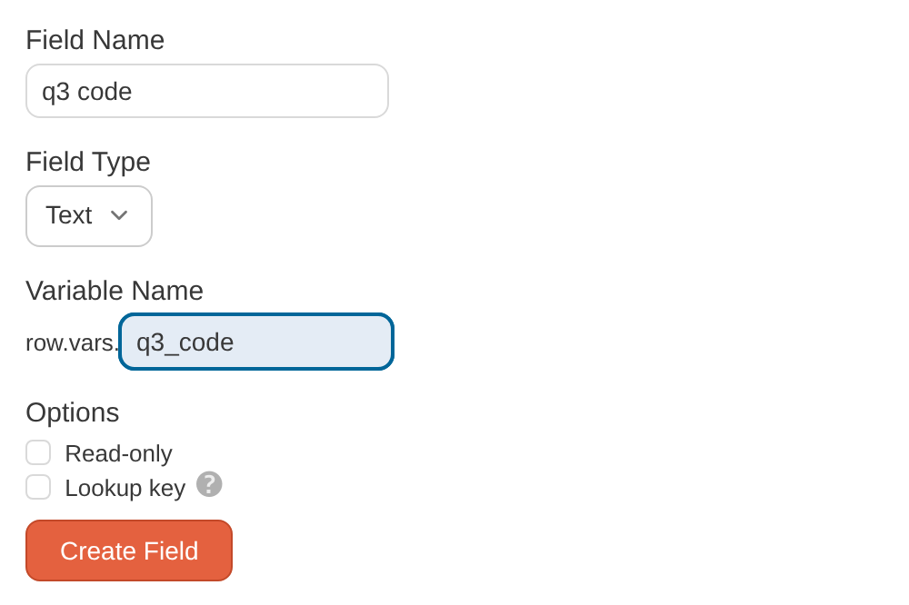 Add Data Field form for the code field