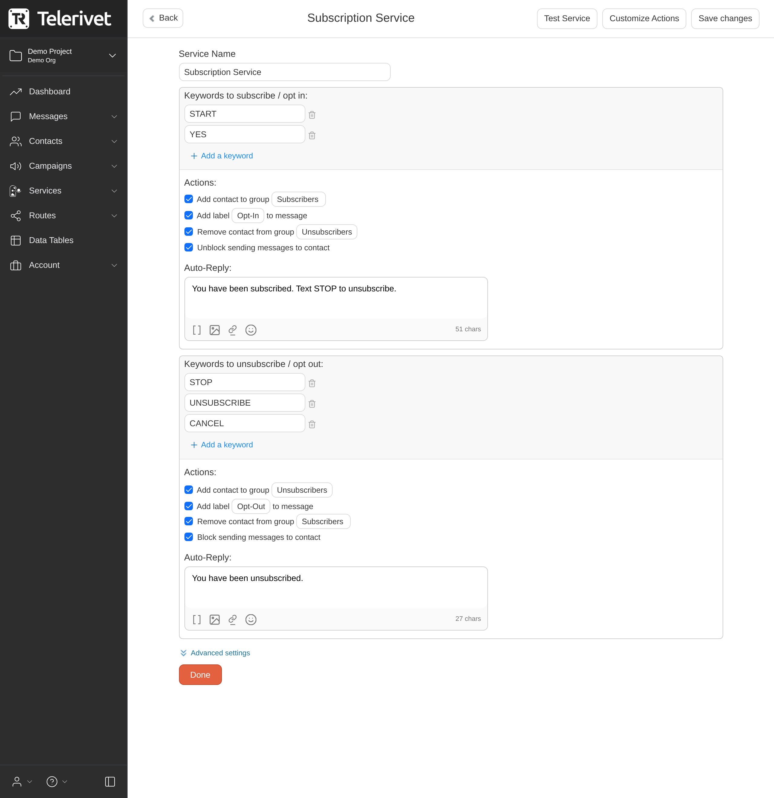 Opt-In / Opt-Out Keywords template editor