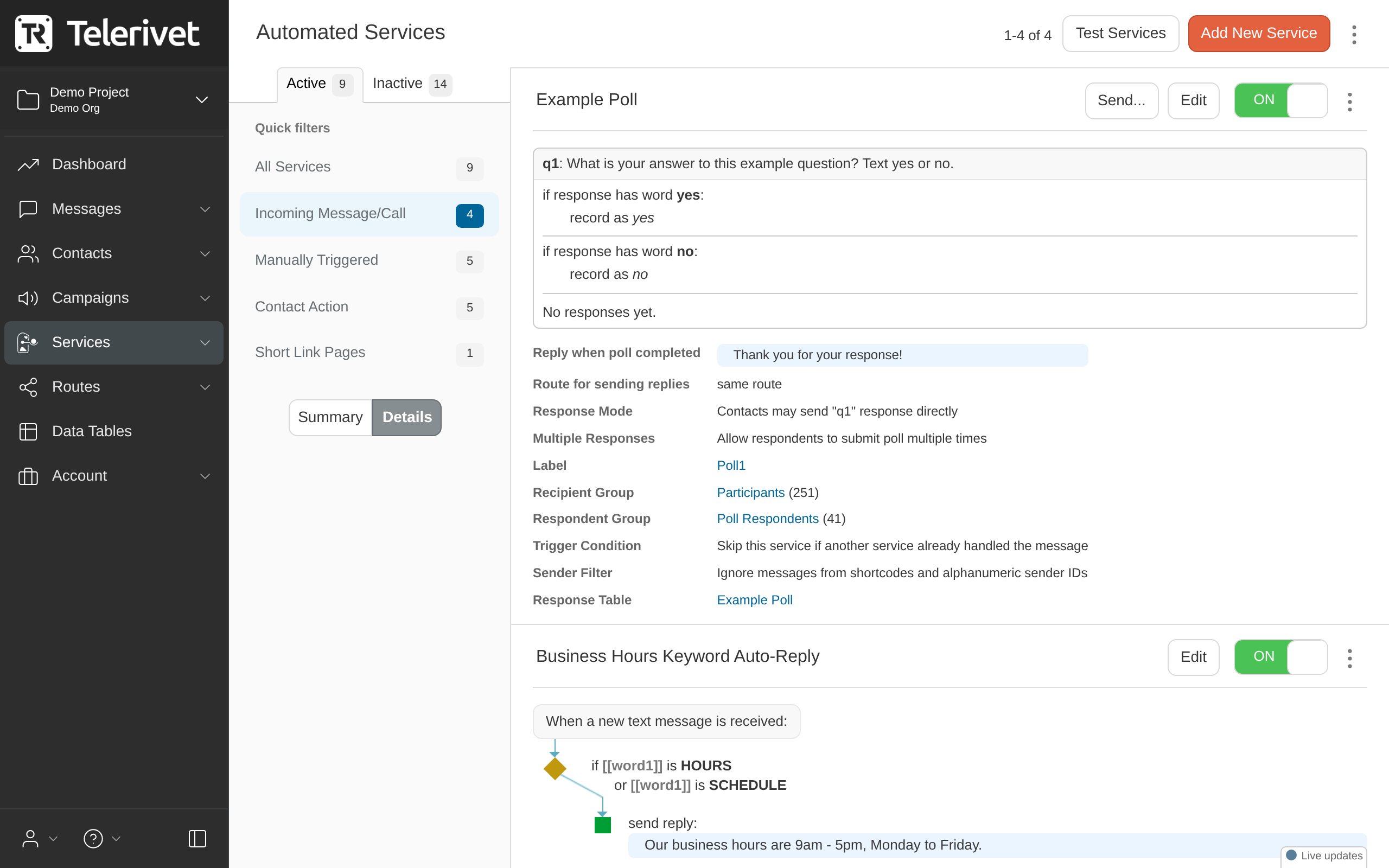 Services page with poll and Test Services button