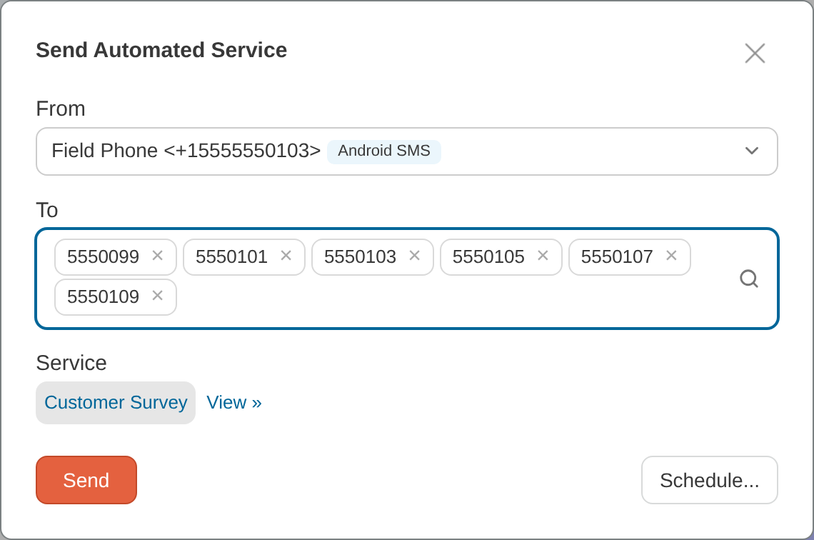 Send Automated Service dialog with numbers