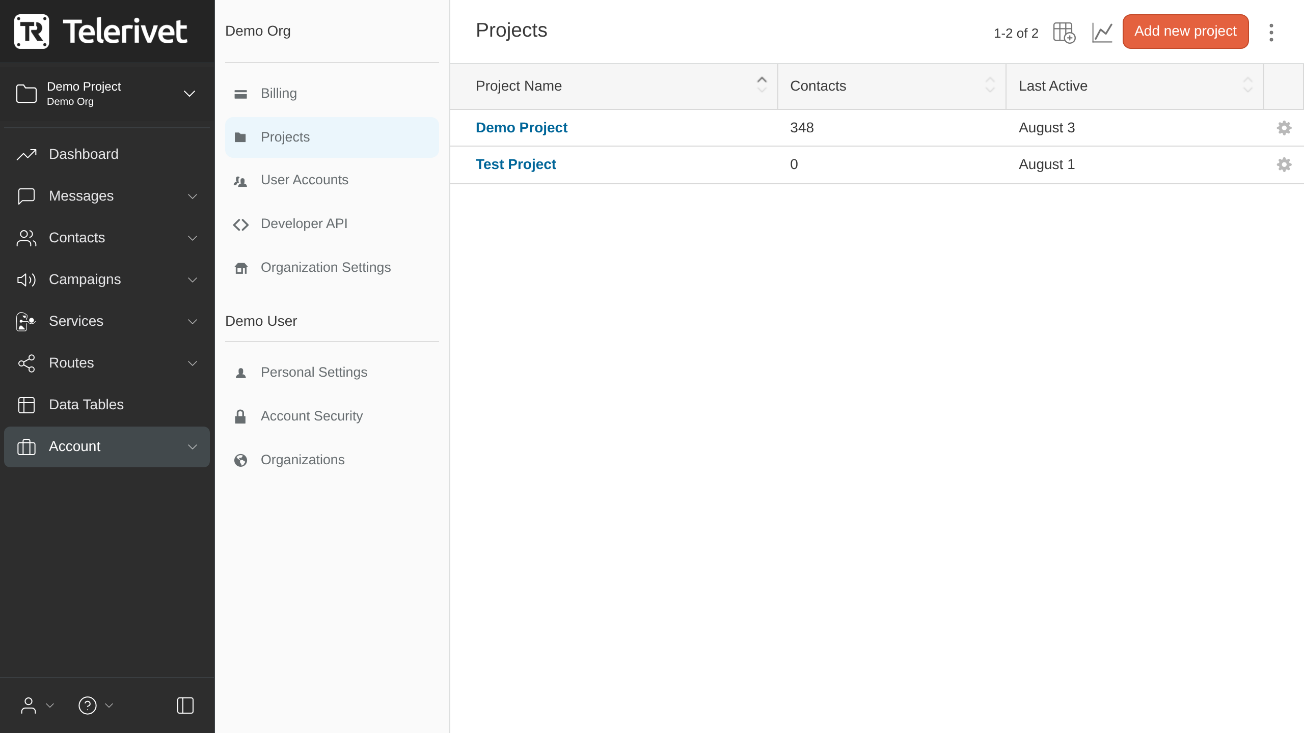 Projects tab of the Account page
