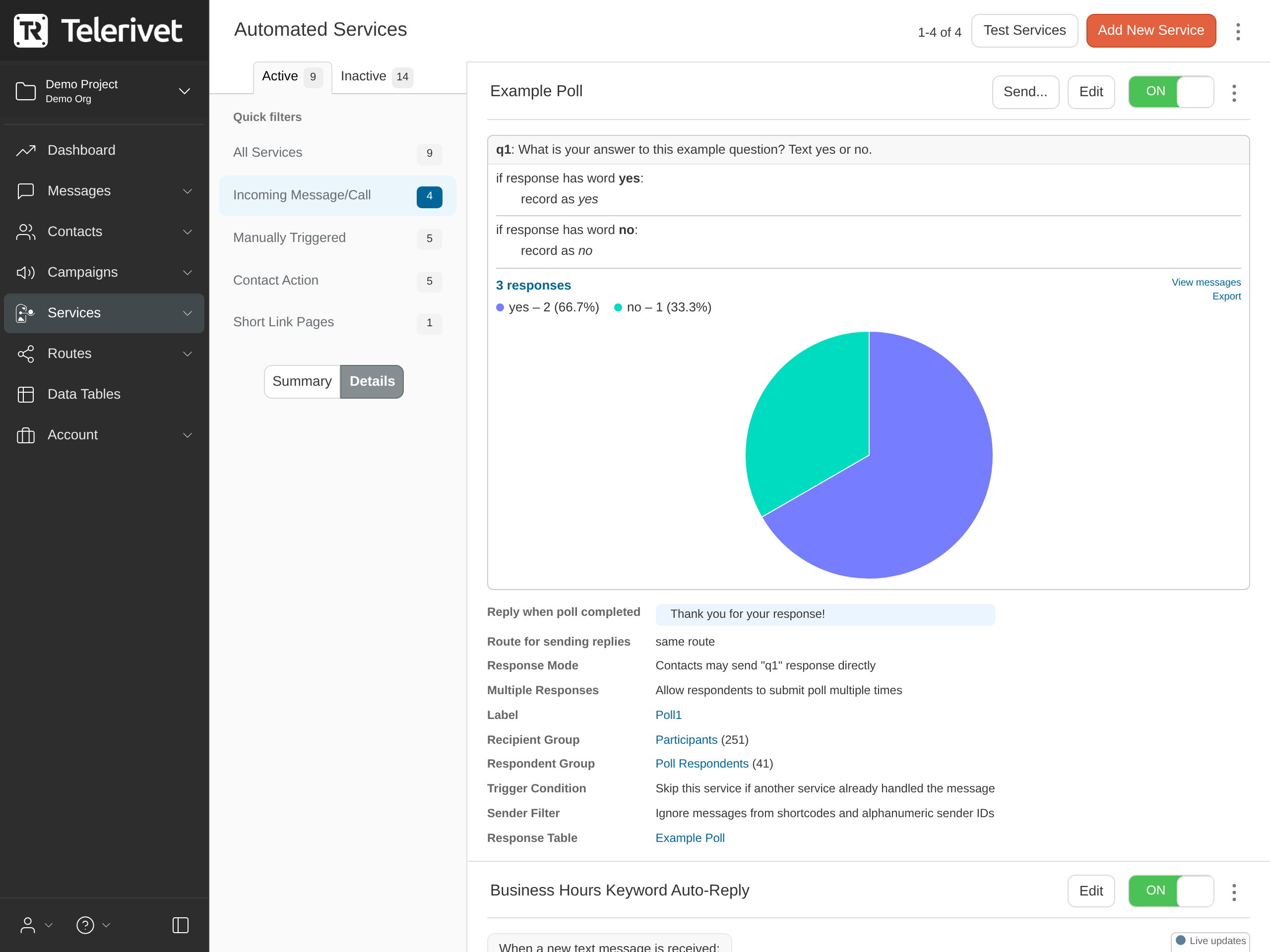 Automated Services page with rule details