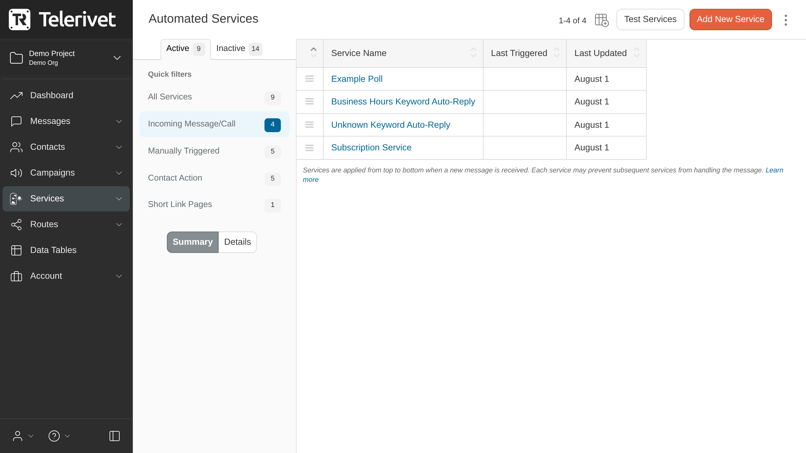 Services summary with catch-all at bottom