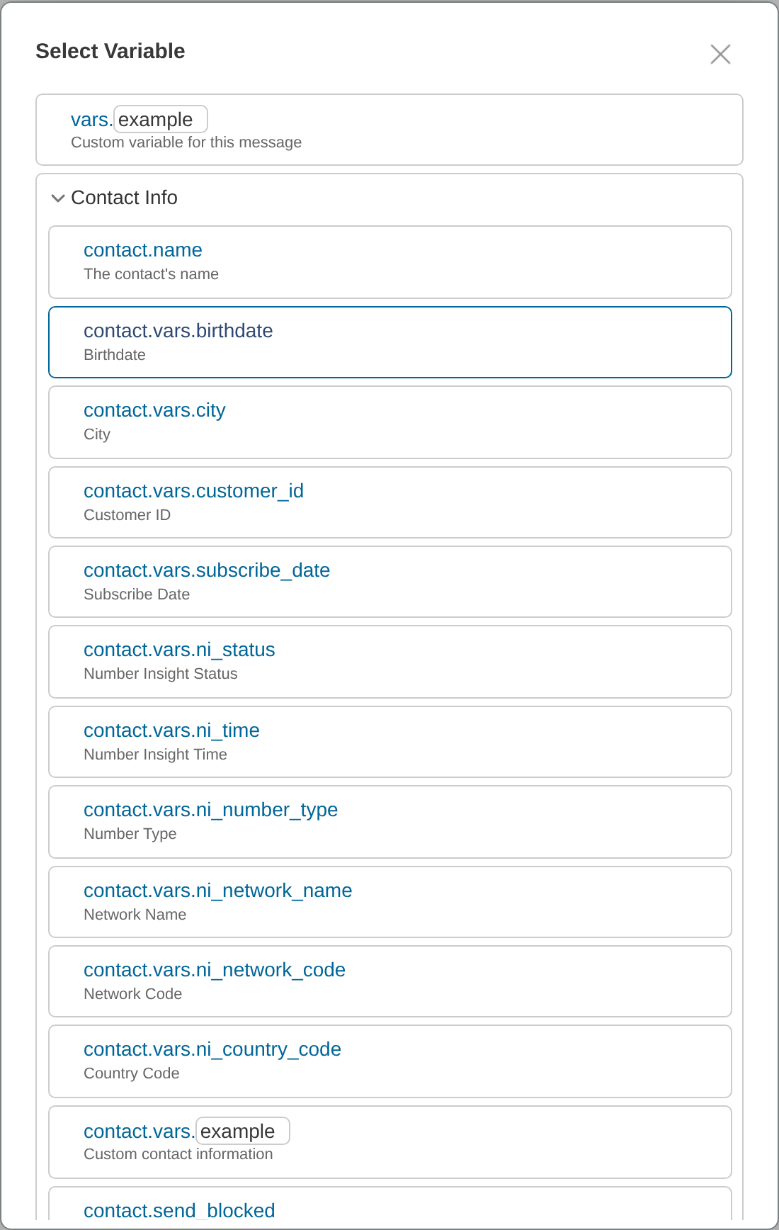 Select Variable dialog