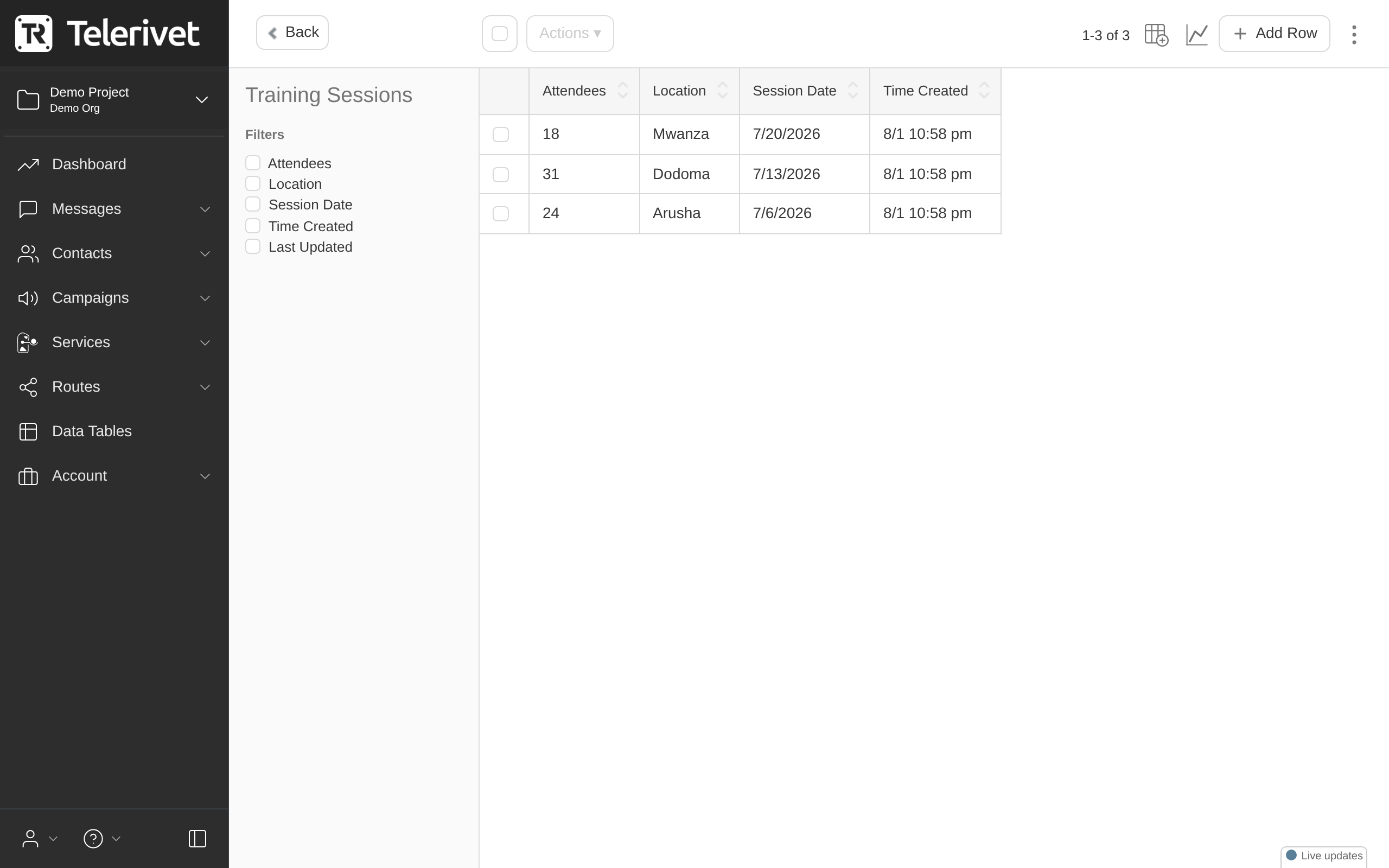 Data table rows with filters