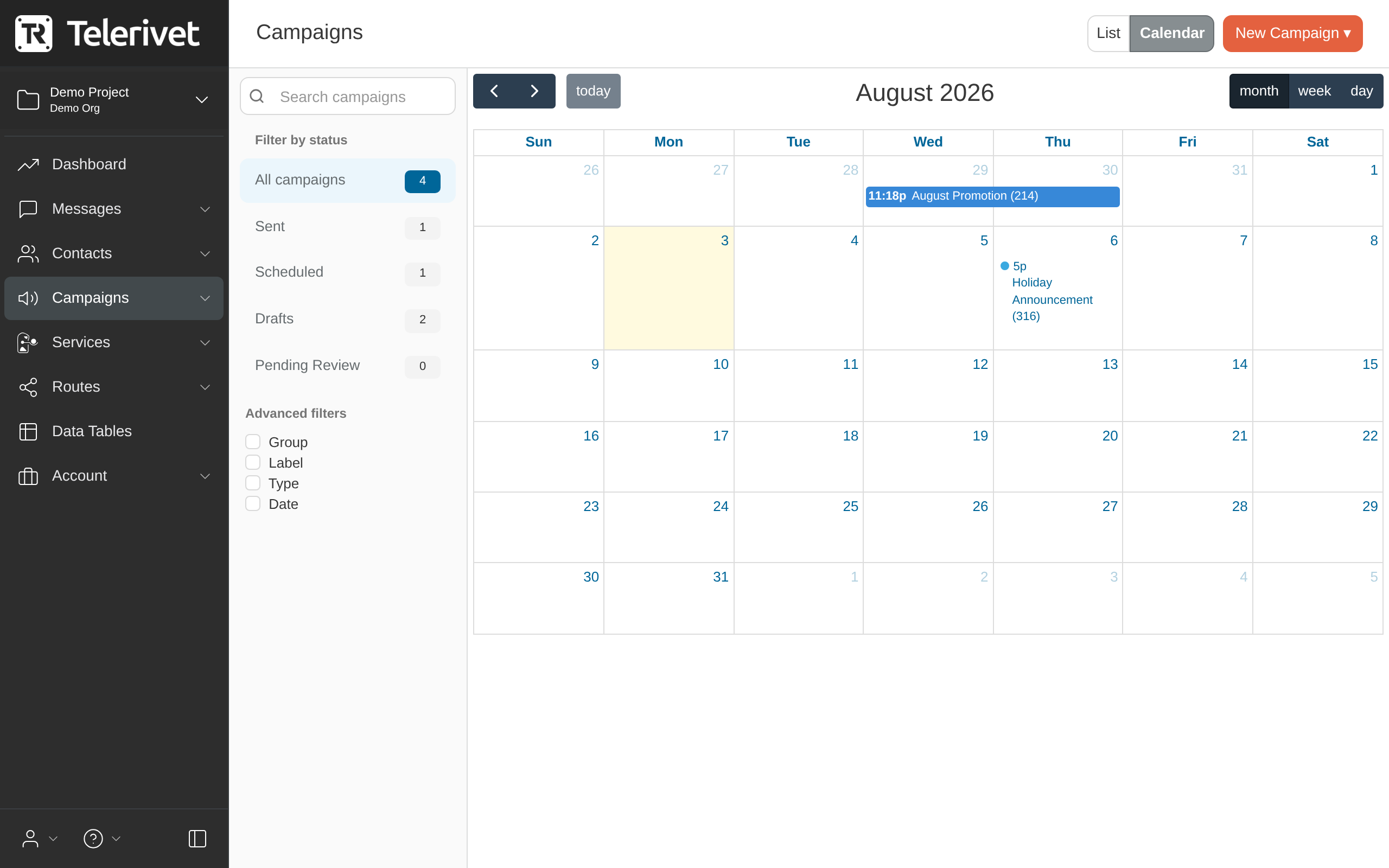 Campaigns calendar view