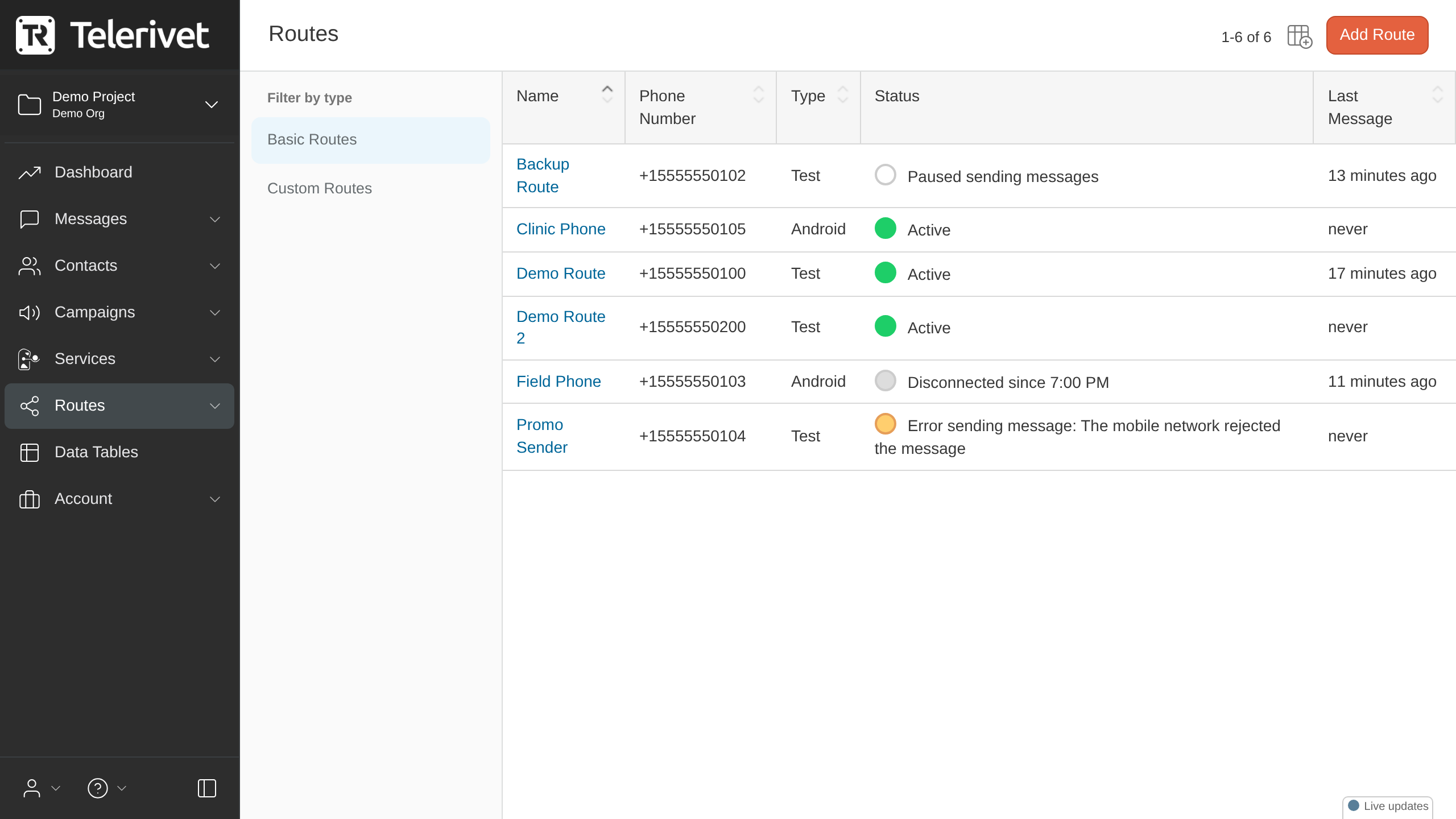 Routes page with statuses