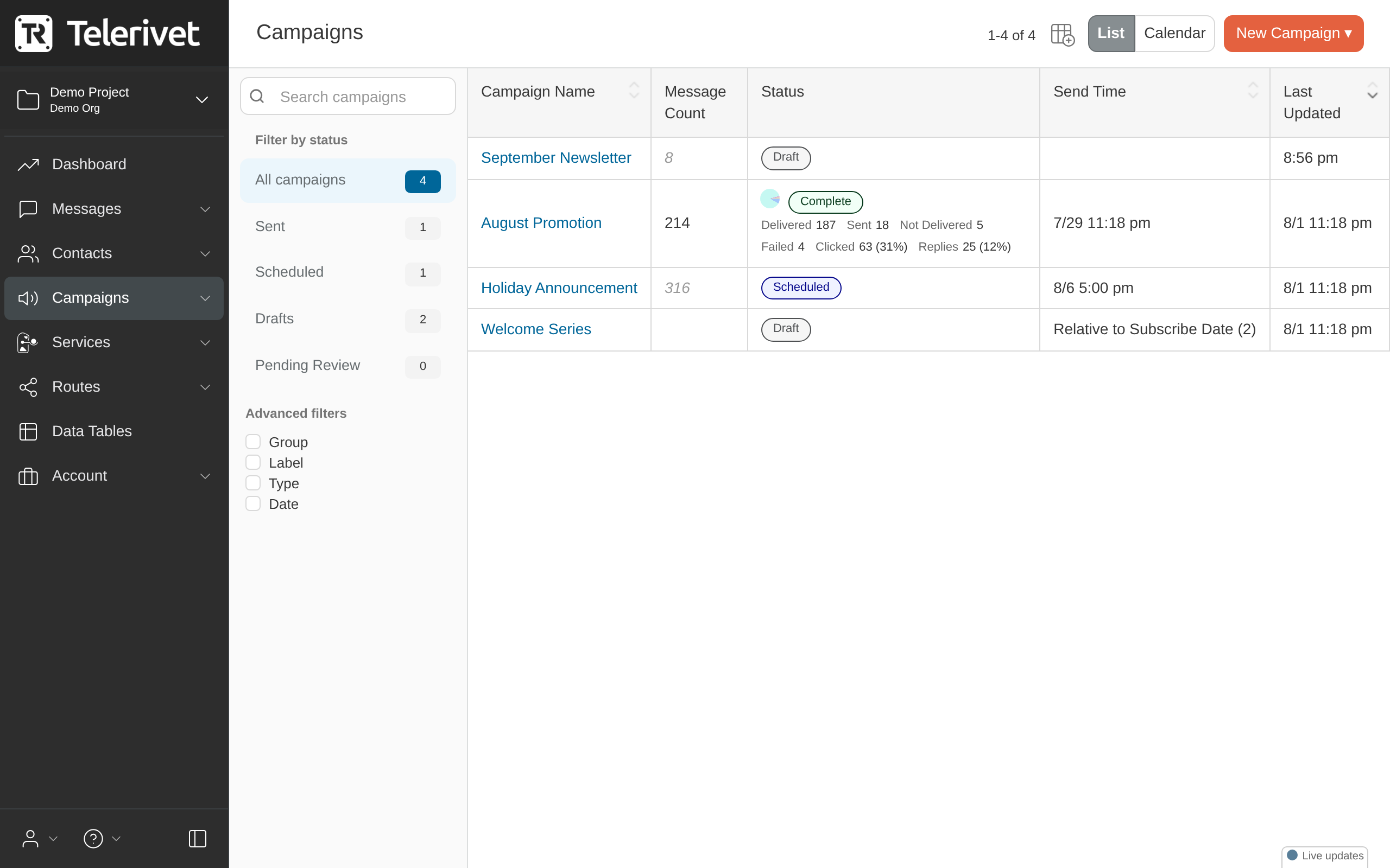 Campaigns page list view