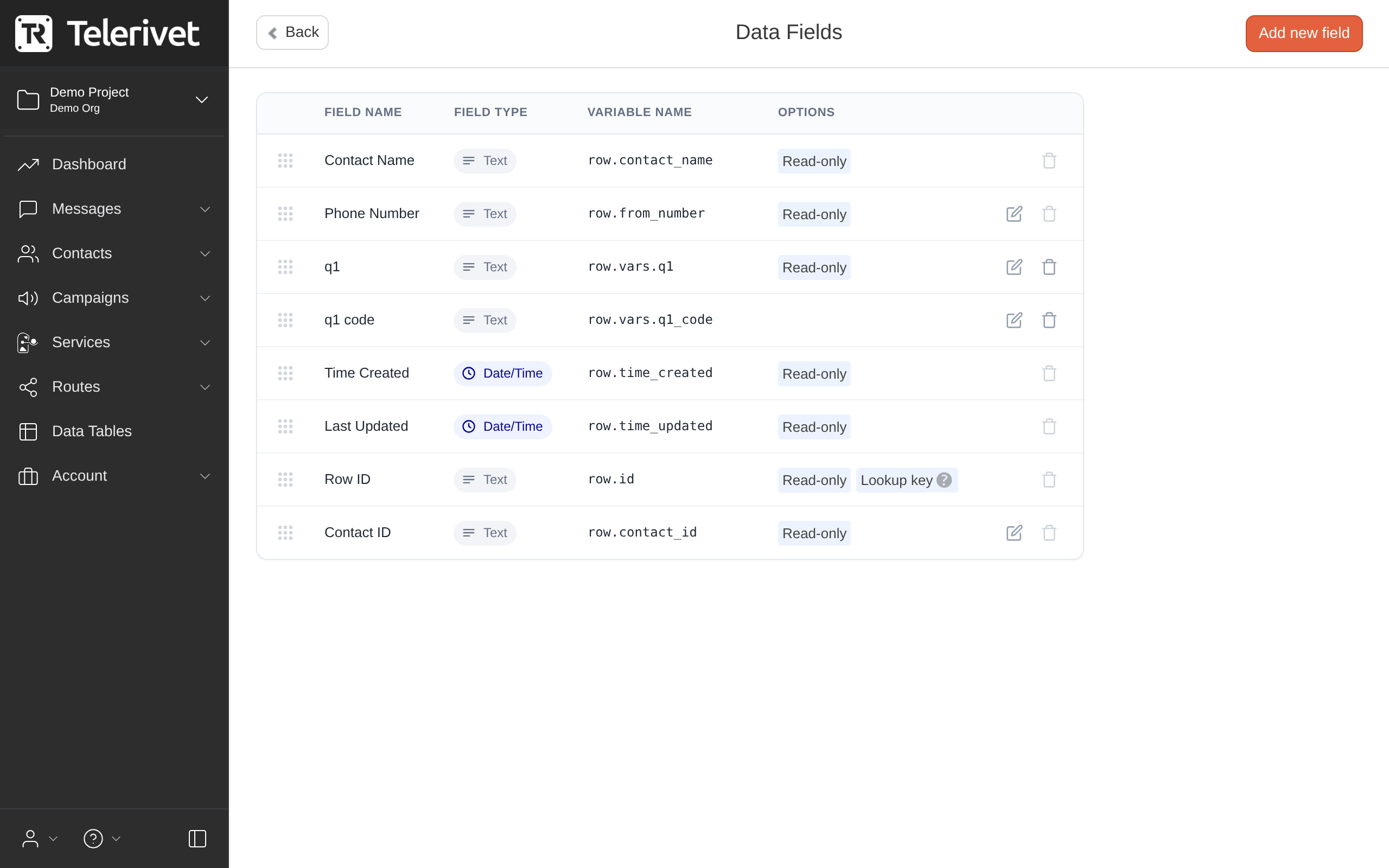 Manage Fields page