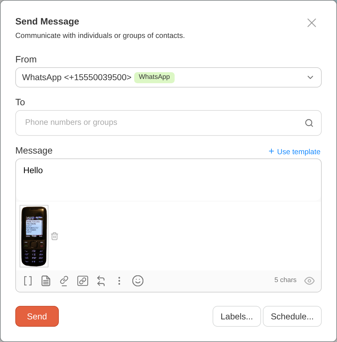 Send Message dialog with a media attachment