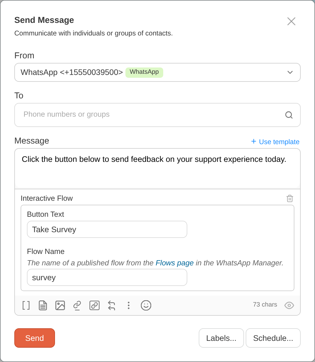 Send Message dialog with an interactive flow button
