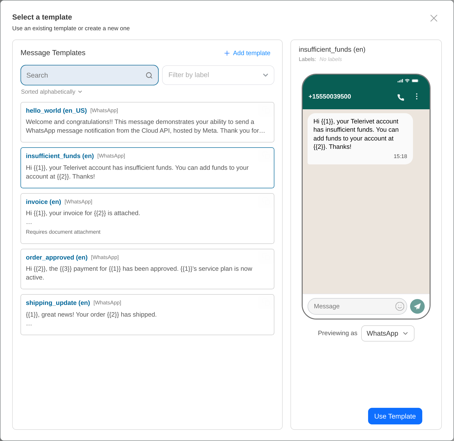 Templates dialog with synced WhatsApp templates