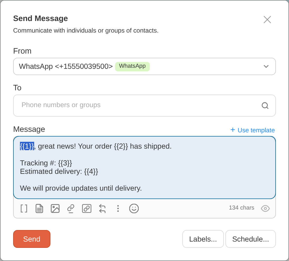 Send Message dialog with a WhatsApp template inserted