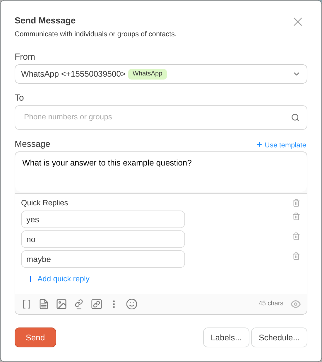 Send Message dialog with quick reply buttons