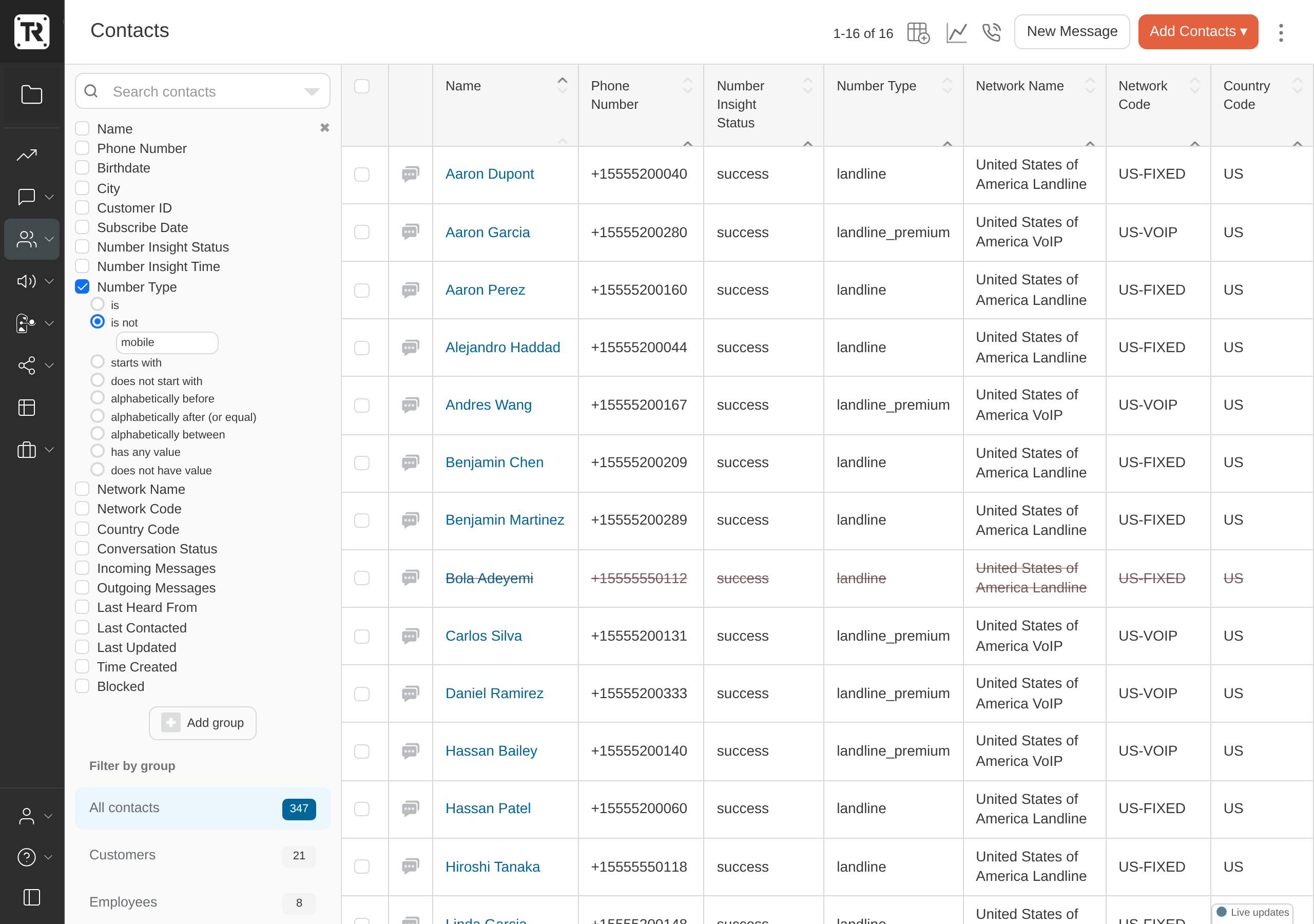 Filtering contacts by number type