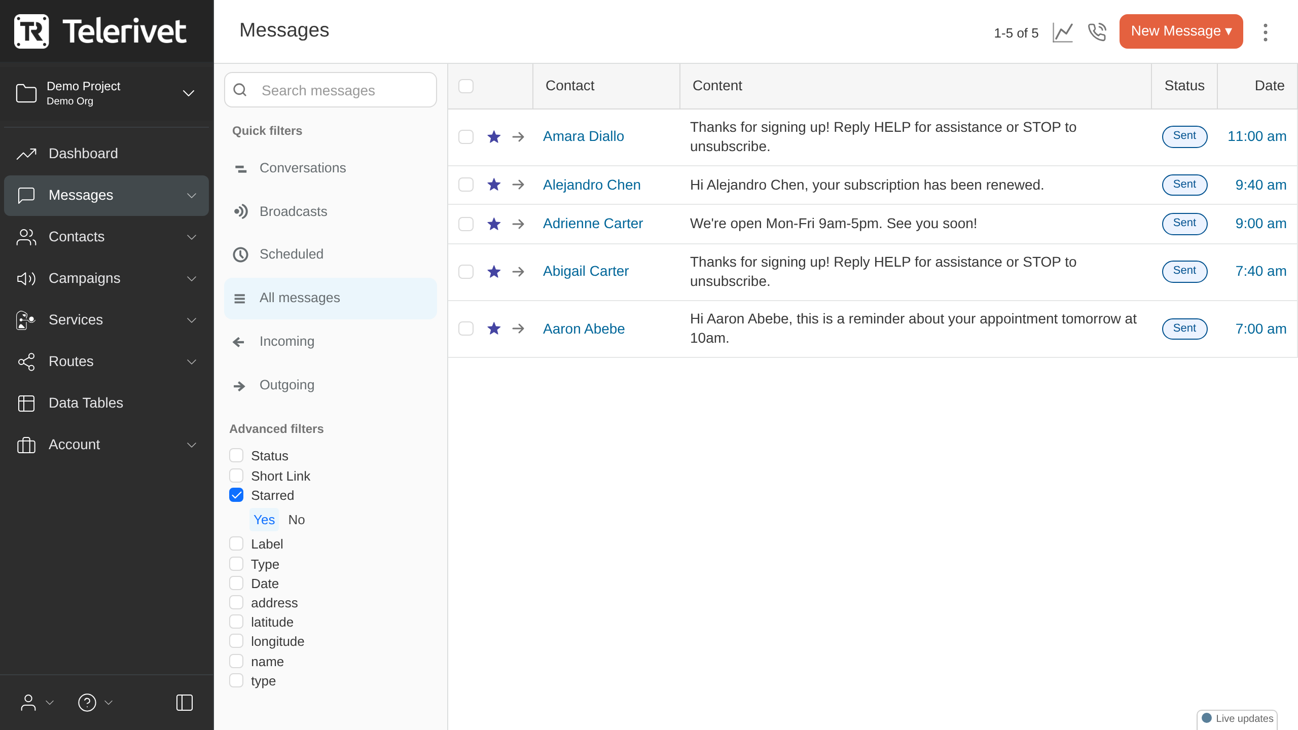 Messages filtered to starred