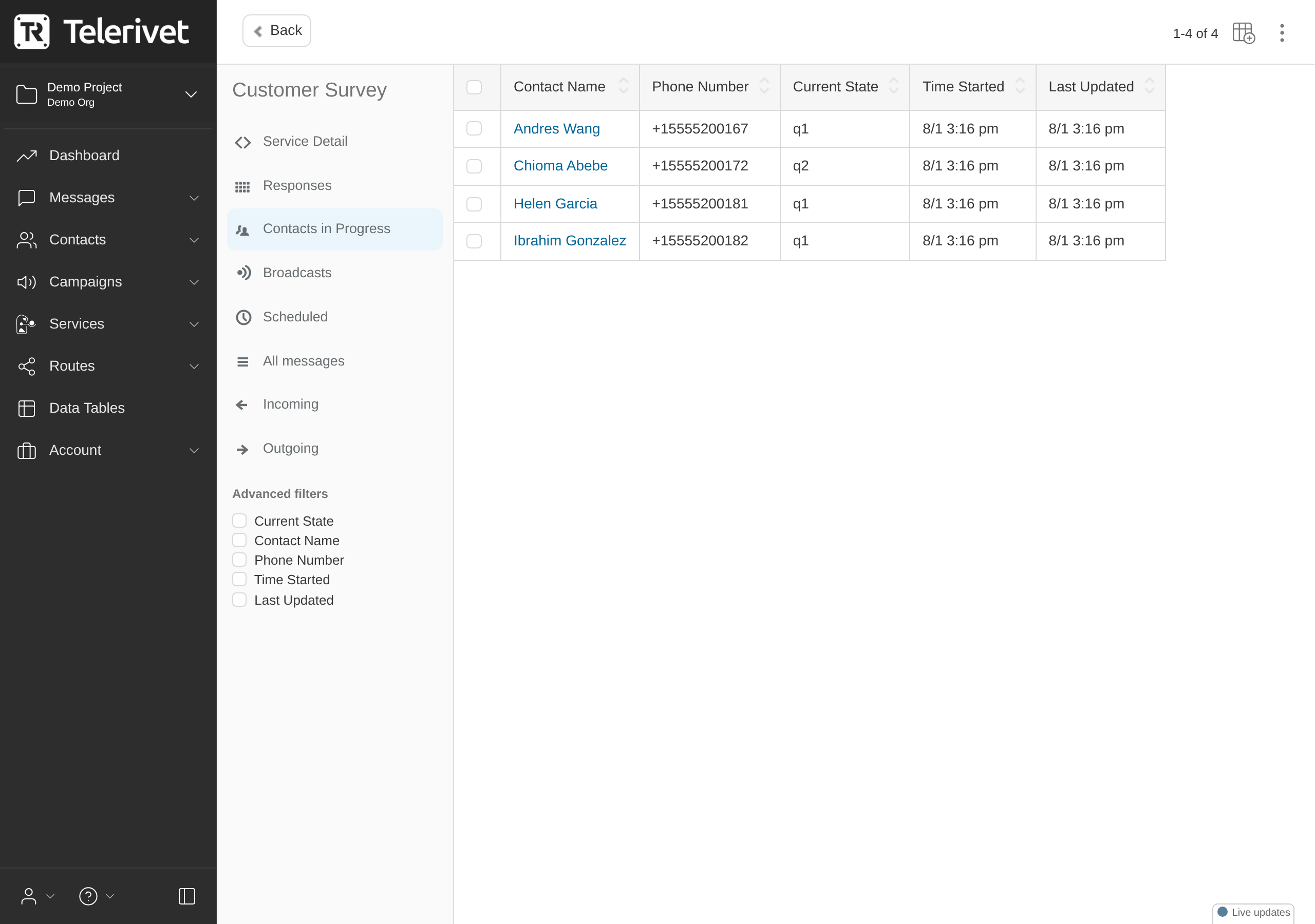 Contacts in Progress tab