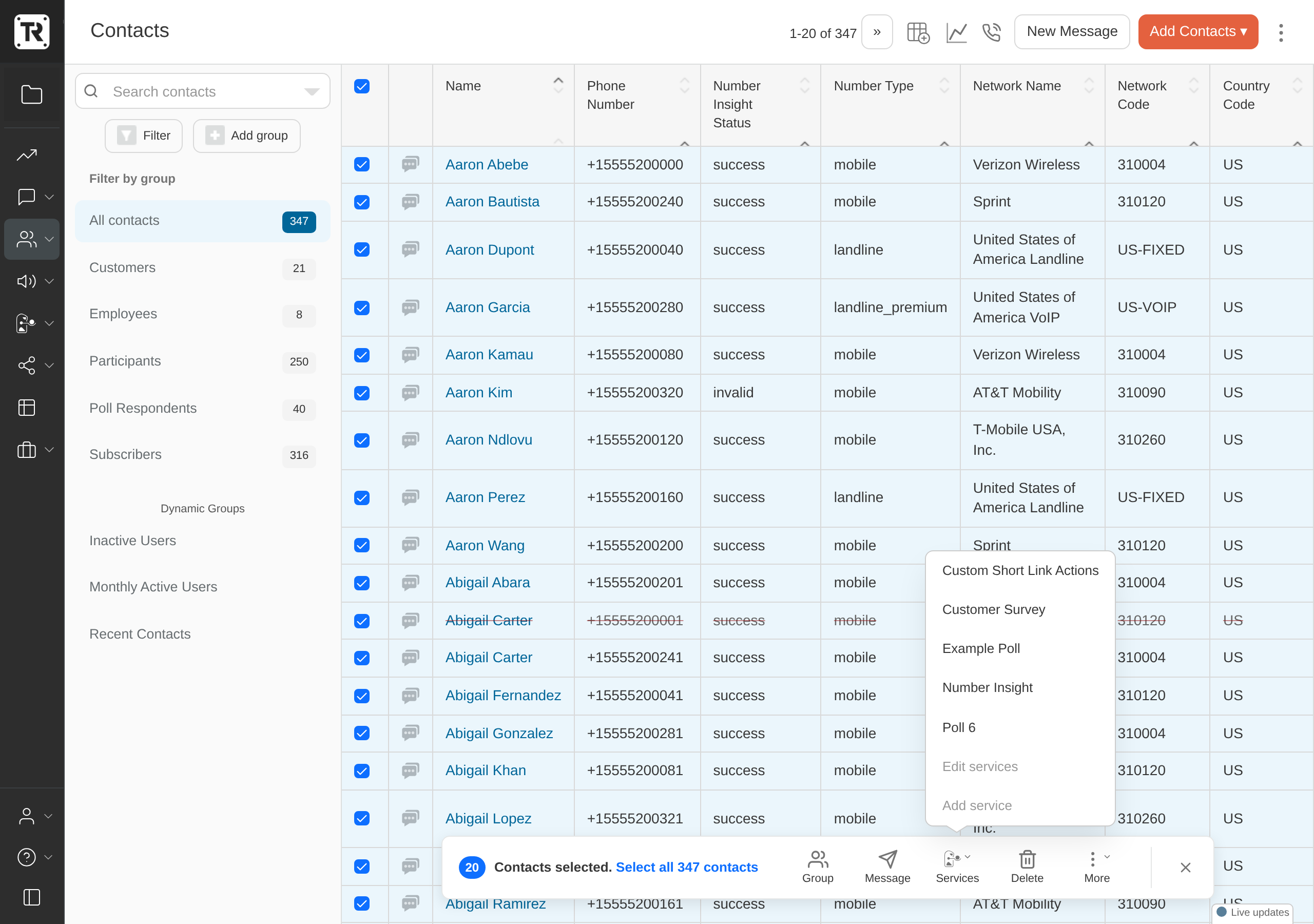 Number Insight action in the Services menu