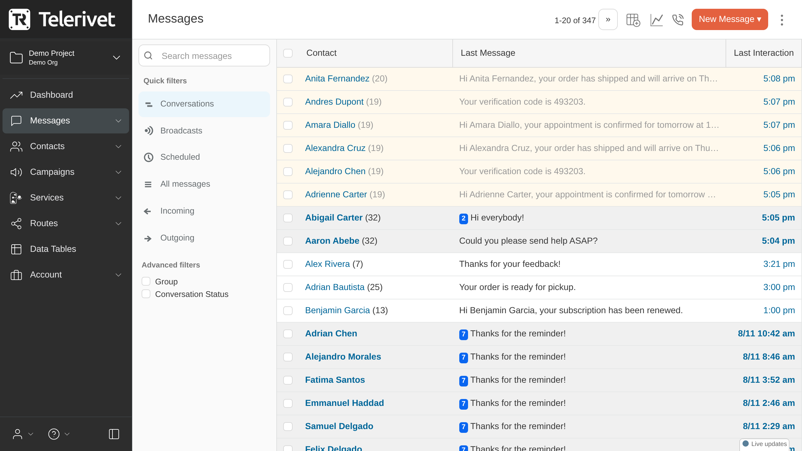 Messages page Conversations view