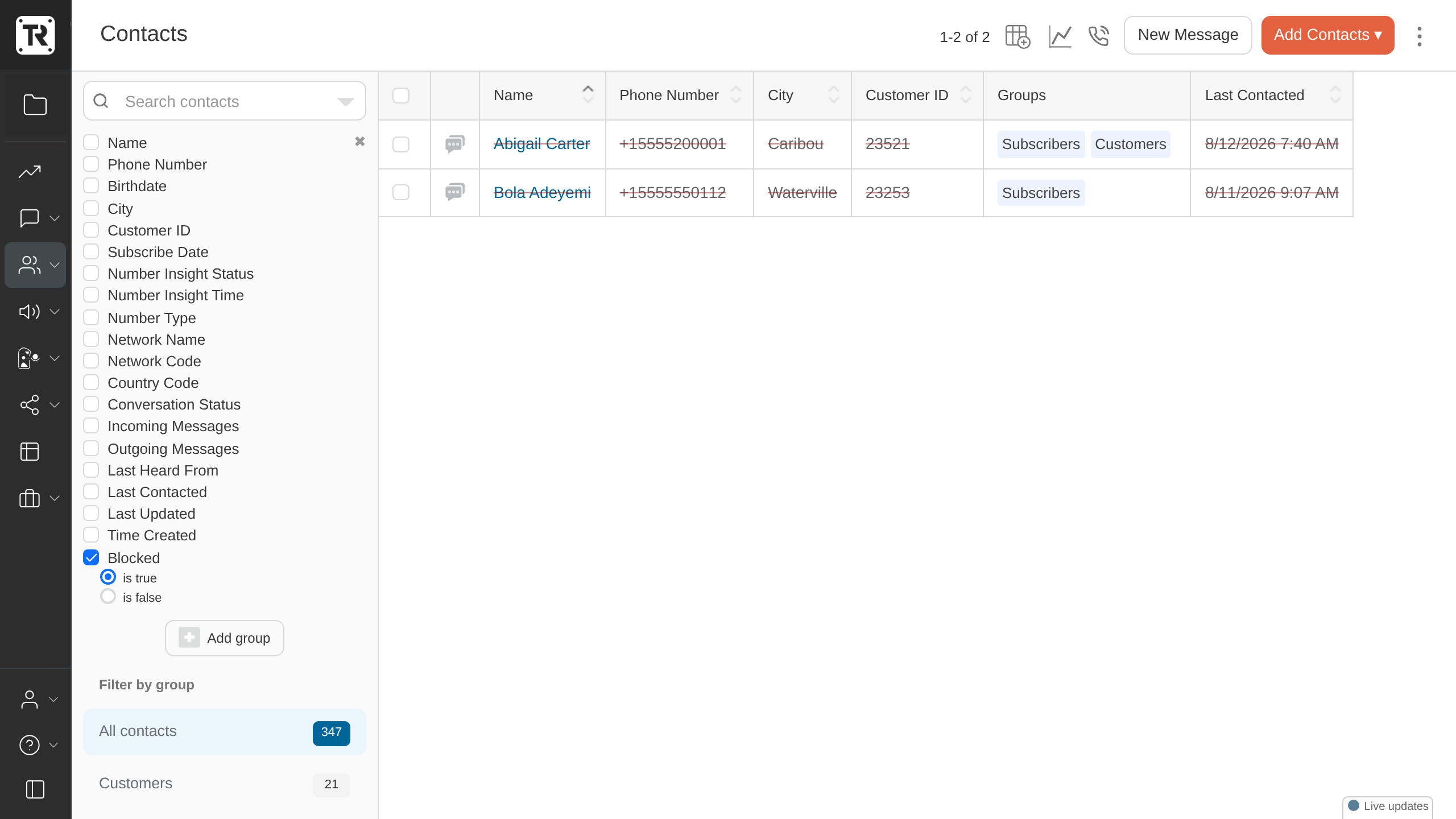 Blocked contacts shown with strikethrough