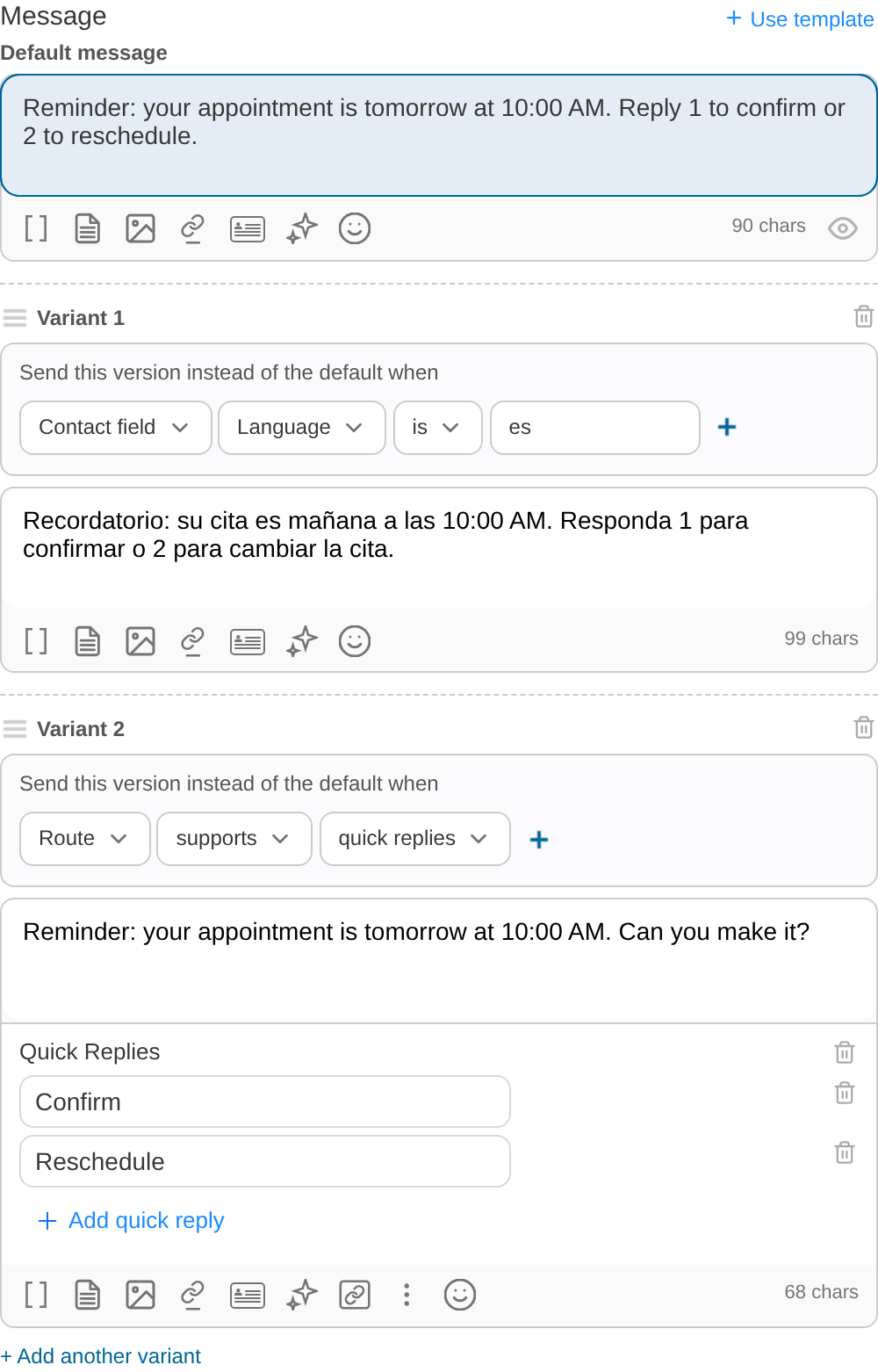 Message with a variant for a contact field and a variant for routes that support quick replies