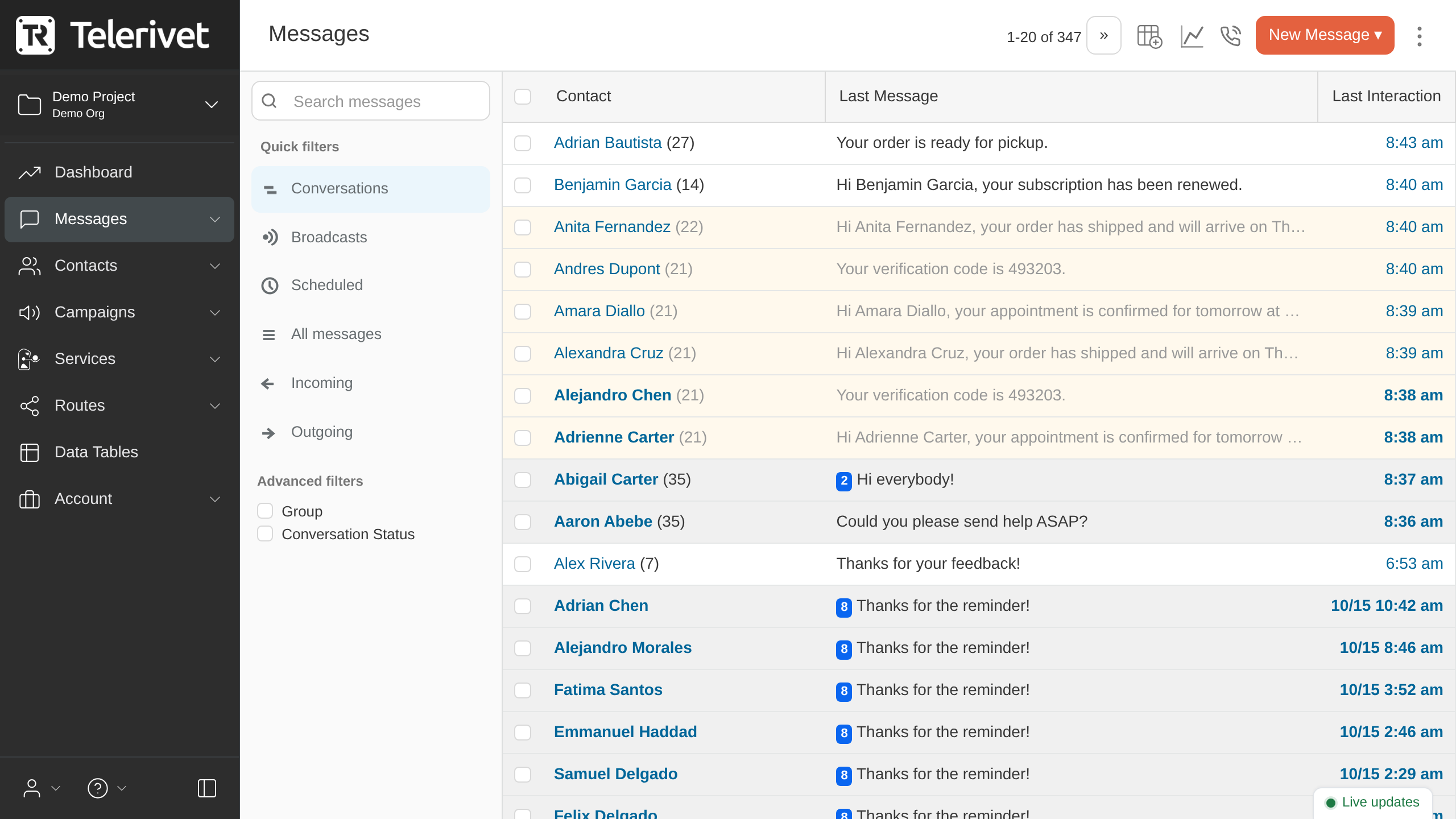 Messages page Conversations view