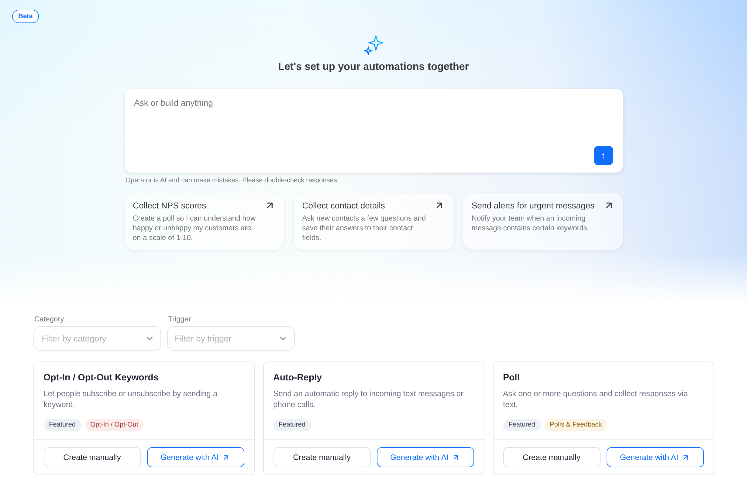Add Service page with the AI Operator prompt box and Generate with AI buttons