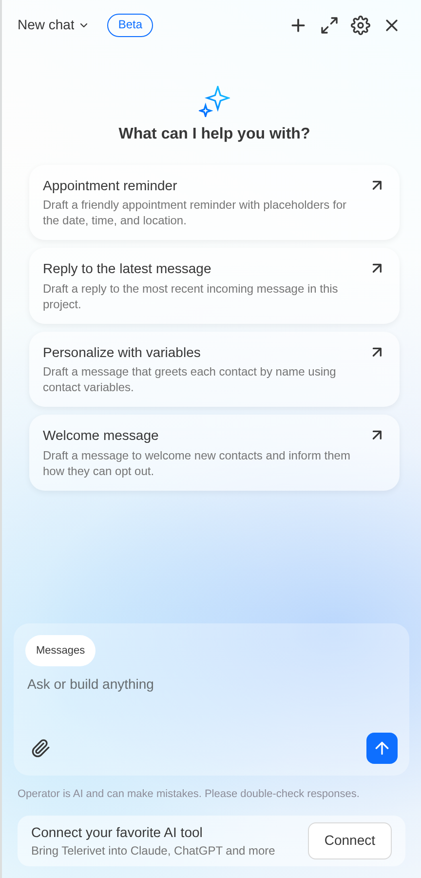 AI Operator panel with suggested prompts