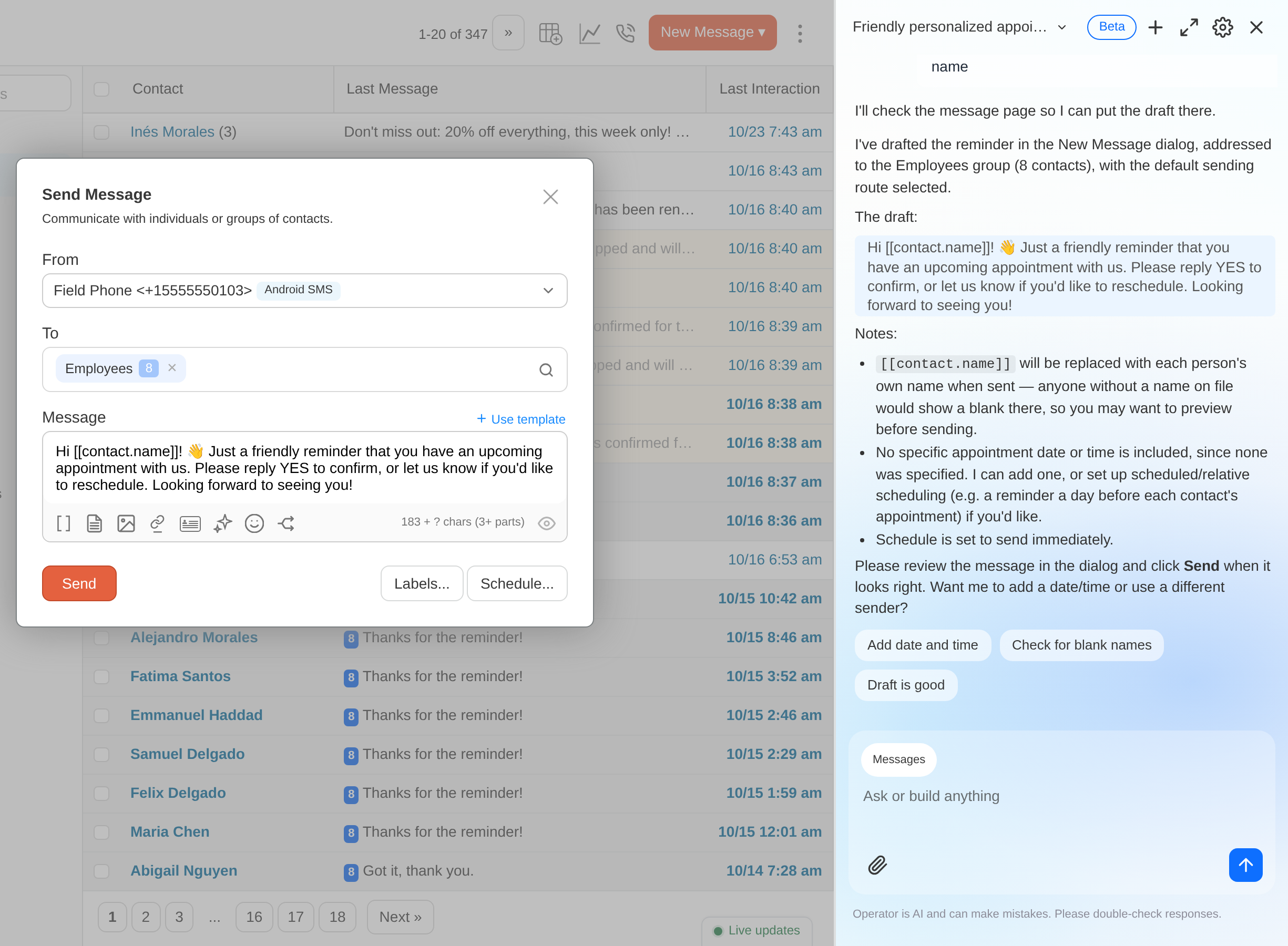 AI Operator drafting a message in the Send Message dialog