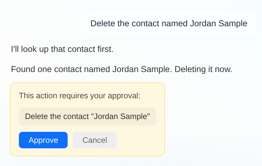 AI Operator asking for approval to delete a contact