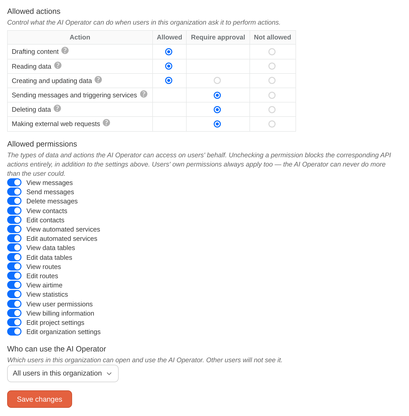 Allowed actions, allowed permissions, and who can use the AI Operator on the AI Operator Settings page